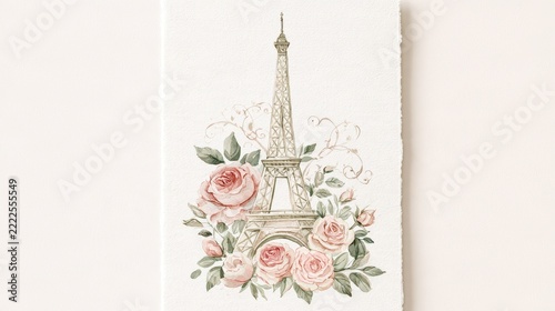 Romantic botanical scene: slender decorative tower amid blossoms, leaves, and branches