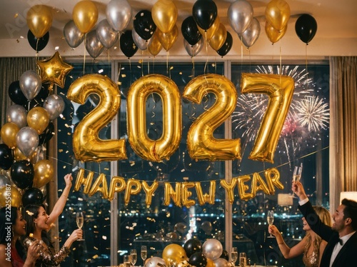 Happy new year 2027 celebration with balloons and fireworks