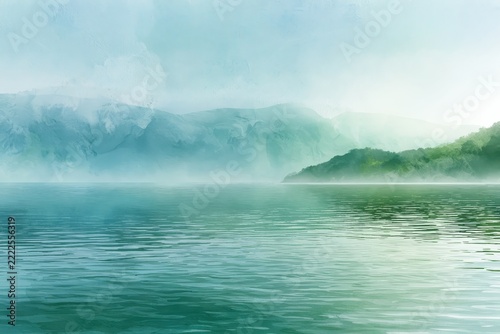 Serene abstract watercolor painting of a vast lake and distant mountains