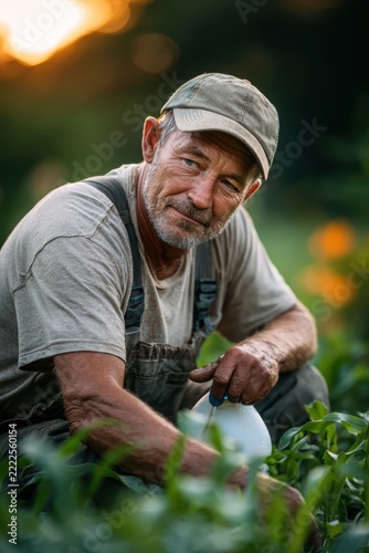 A Seasoned Farmer Tends His Crop: A weathered farmer, silhouetted against the golden hues of dawn, kneels amongst rows of vibrant green plants.