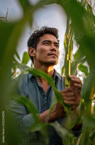 Farmer's Pride: A determined farmer inspects a thriving corn stalk, his gaze fixed on the horizon, symbolizing hope and a bountiful harvest.