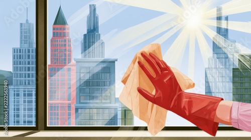 Bright day with a person cleaning a window in a city environment