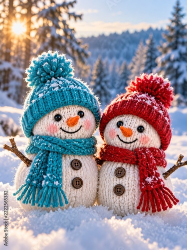 Two Knitted Snowmen in Turquoise and Red Hats against a Sunlit Snowy Forest