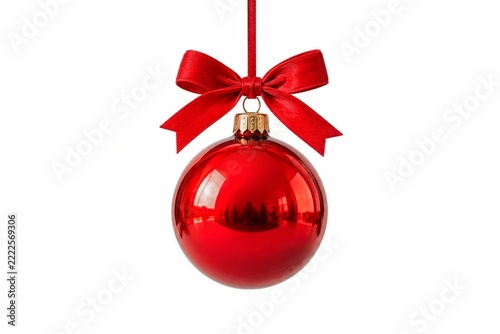 Glossy Red Christmas Bauble with a Satin Bow on a White Background