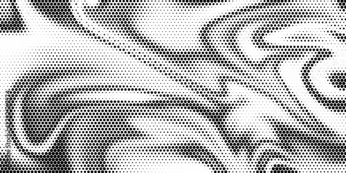 Black and white flowing halftone dot pattern featuring dynamic liquid marble optical illusion wave abstract vector background eps10
