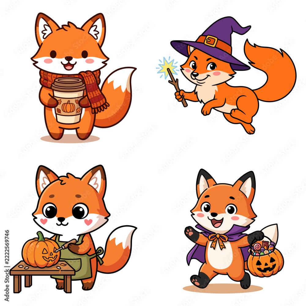 Fototapeta premium Cute Cartoon Foxes Celebrating Autumn and Halloween, Witch, Pumpkin Carving, and Trick-or-Treating