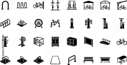 Set of bicycle parking and infrastructure icons, including bike racks, repair stations, lockers, and shelters for urban cycling facilities