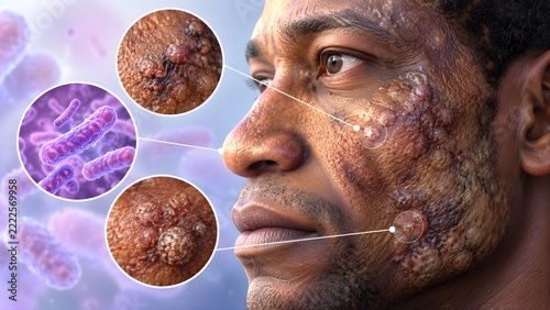 Medical Illustration of a Man with Skin Rash and Lesions Showing Zoomed Microscopic Viral Cells and Dermatology Details for Mpox Disease