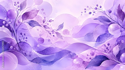 Abstract purple watercolor botanical background featuring elegant leaves, flowing waves and soft lavender textures for artistic design