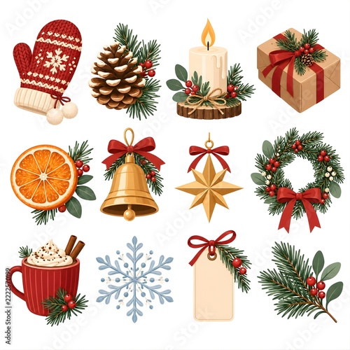 Cozy Christmas Holiday Vector Illustration Set Featuring Festive Winter Decorations Mitten Candle Wreath and Cocoa