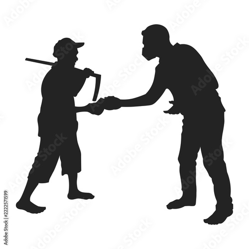 Isolated illustration of a black silhouette on a white background of a man wearing a mask sharing or giving to a farmer for a silhouette icon with a kindness and social theme.