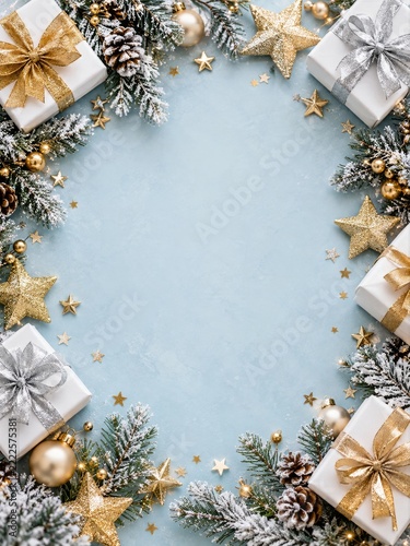 White gifts and golden stars bordering a pale blue Christmas background