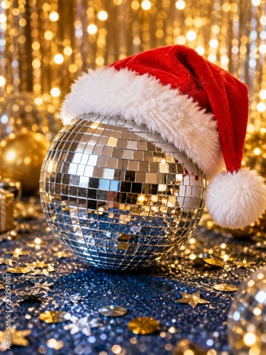Mirrored disco ball in a red festive hat on a glittering blue surface