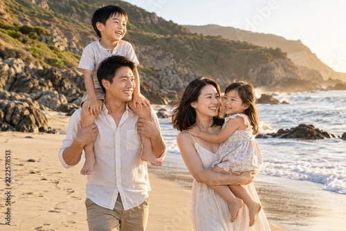 Smiling parents carrying their children along a sunny rocky coastal beach