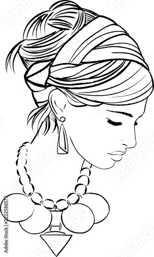 Boho girl head hand drawn outline illustration