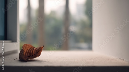 Dried leaf with copper veins on concrete, minimal nature and calm workspace concept