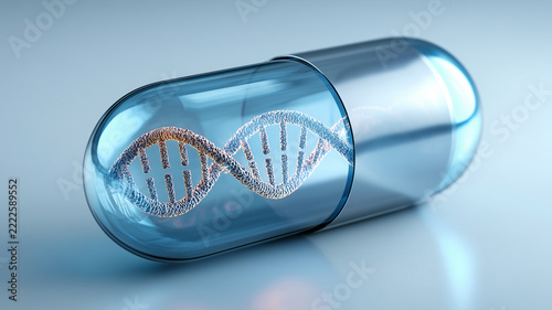 A transparent capsule containing a DNA double helix represents genetic medicine and personalized treatments through pharmaceutical biotechnology.
