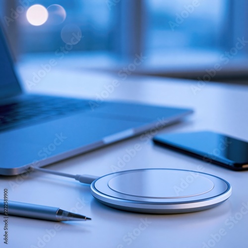 Modern workspace with a wireless charger, smartphone, and laptop on a sleek desk.