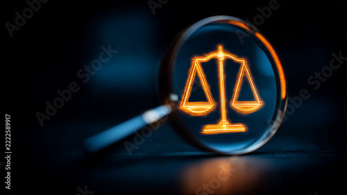 A magnifying glass focused on the scales of justice illustrates legal investigation and the assessment of fairness in judicial decisions.
