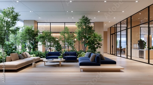 Modern office lounge with lush indoor greenery and stylish furniture.