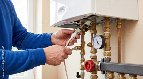 Heating technician inspecting residential boiler pipes and pressure gauge during home heating system maintenance.