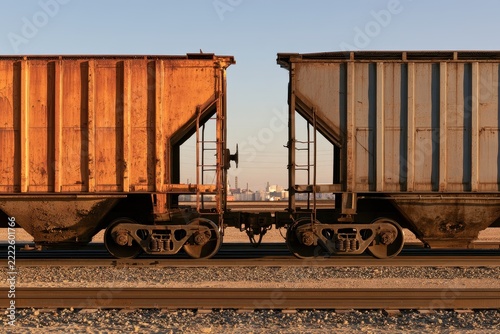 Two hopper cars in a quiet railway yard under a clear blue sky