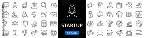 Start up set of web icons in line style. Business startup icons for web and mobile app. Startup project, development, creative idea, target, innovation, marketing, launch business, strategy and more