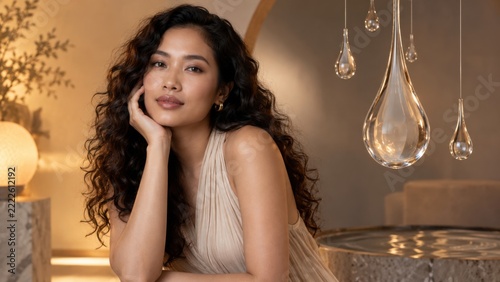 Southeast Asian woman in beauty portrait with glass droplets