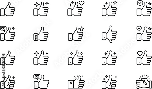 Collection of black line thumbs up featuring various social media engagement symbols like stars, hearts, and checkmarks on white background