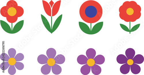 Set of eight colorful flat flower with simple geometric petals and green leaves isolated on a plain white background, for decoration