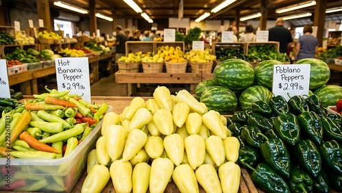 Fresh produce display featuring hot banana peppers, yellow peppers, poblano peppers, and watermelons in wooden crates at a local farmers market