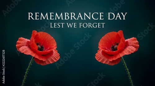 Remembrance day concept with two red poppies and lest we forget text.