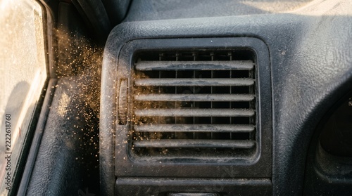 Dusty car air vent blowing particles in a vehicle interior