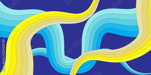 Abstract Wavy Blue and Yellow Layered Ribbons Flowing Across a Navy Background