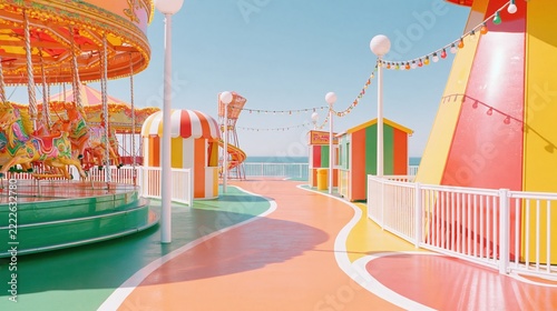 Painted carousel horses and candy-striped kiosks on a glossy seaside promenade, vibrant and shiny for travel and leisure backgrounds