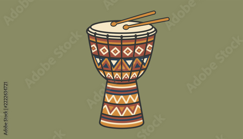 Traditional wooden djembe drum decorated with geometric tribal patterns and two drumsticks resting on top on a solid olive background.