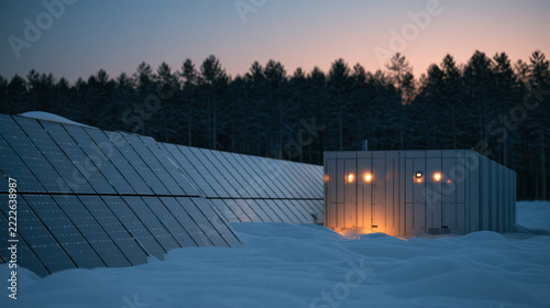Solar panels and energy storage facility in a snowy forest at dusk. Renewable energy technology. Clean power and sustainable infrastructure. Winter solar generation.