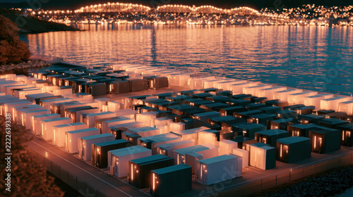 Containerized energy storage facility beside a city waterfront at night. Battery technology and grid scale energy storage. Renewable power infrastructure. Smart city and future energy