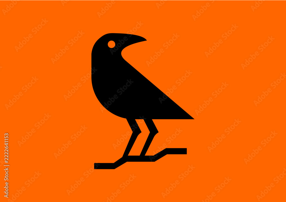 Fototapeta premium Minimalist Black Bird Crow Raven Logo Vector Isolated on Orange Background, Modern Abstract Wildlife Animal Emblem Symbol for Brand Identity App Icon