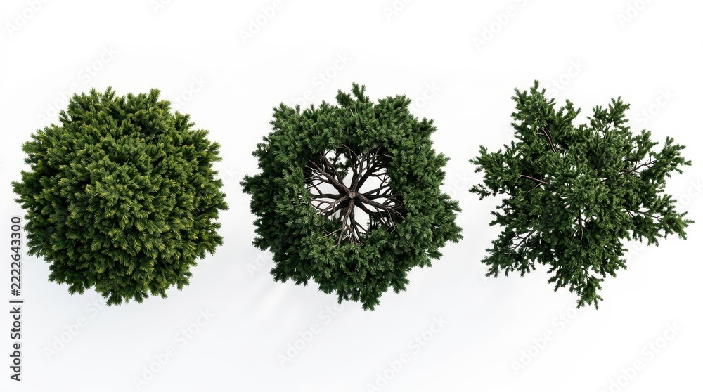 Naklejka premium Top View Set of Three Different Pine Trees Isolated on White Background for Architectural Visualization and Landscape Design
