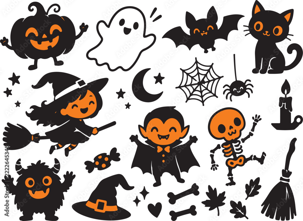 Obraz premium Cute Halloween icons set featuring a witch vampire ghost cat pumpkin and skeleton perfect for holiday design and decoration