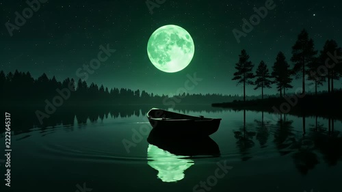 Empty rowboat floats on serene calm lake under a large
