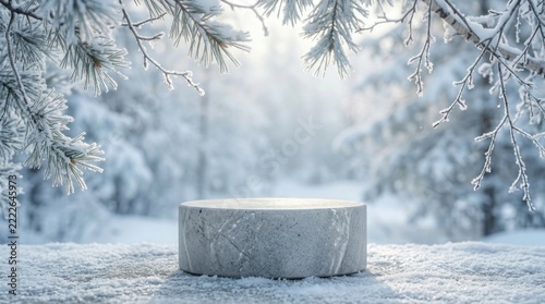 A serene winter scene featuring a snow covered platform amidst a frosted forest landscape