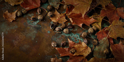 Macro overhead view of fallen autumn leaves and seeds resting on oxidized copper sheeting.