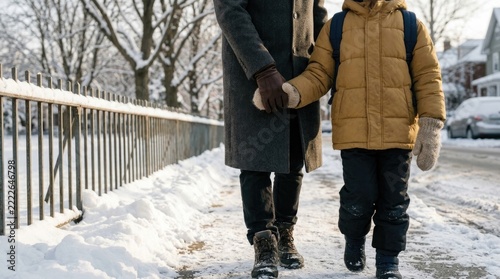A heartwarming winter scene depicts a parent and child walking together on a snowy day