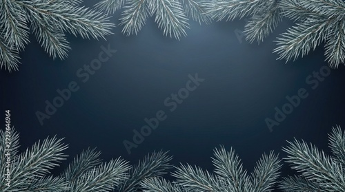 A serene winter backdrop featuring snow covered evergreen branches and a dark moody atmosphere
