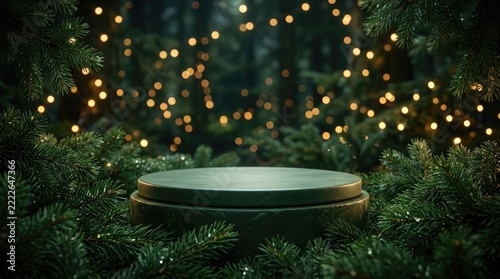 A beautifully lit winter scene with a circular platform perfect for product display or festive presentations
