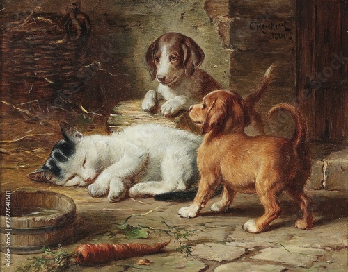Carl Reichert, Karl Reichert, pseudonym J. Hartung (born 27 August 1836 in Vienna, died 5 April 1918 in Graz) . Austrian painter, especially landscape painter and animal painter. Here his work:, The Puppies Are Awake (1884), Two young dogs watching a sleeping black and white cat in a rural setting, Painting, Reproduction of the painting, Work of art, Historical