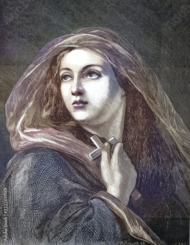 A young woman in a veil holding a cross to her chest and looking up. Allegorical depiction of the Christian faith, reproduction from a 19th-century model. Authentic, file restored for optimal use, exact date of original unknown, nostalgically colored
