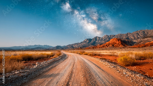 A winding dirt road crosses golden grass toward rugged mountains beneath a starry sky, remote landscape journey, open road adventure, celestial night scenery, wilderness exploration, scenic travel.